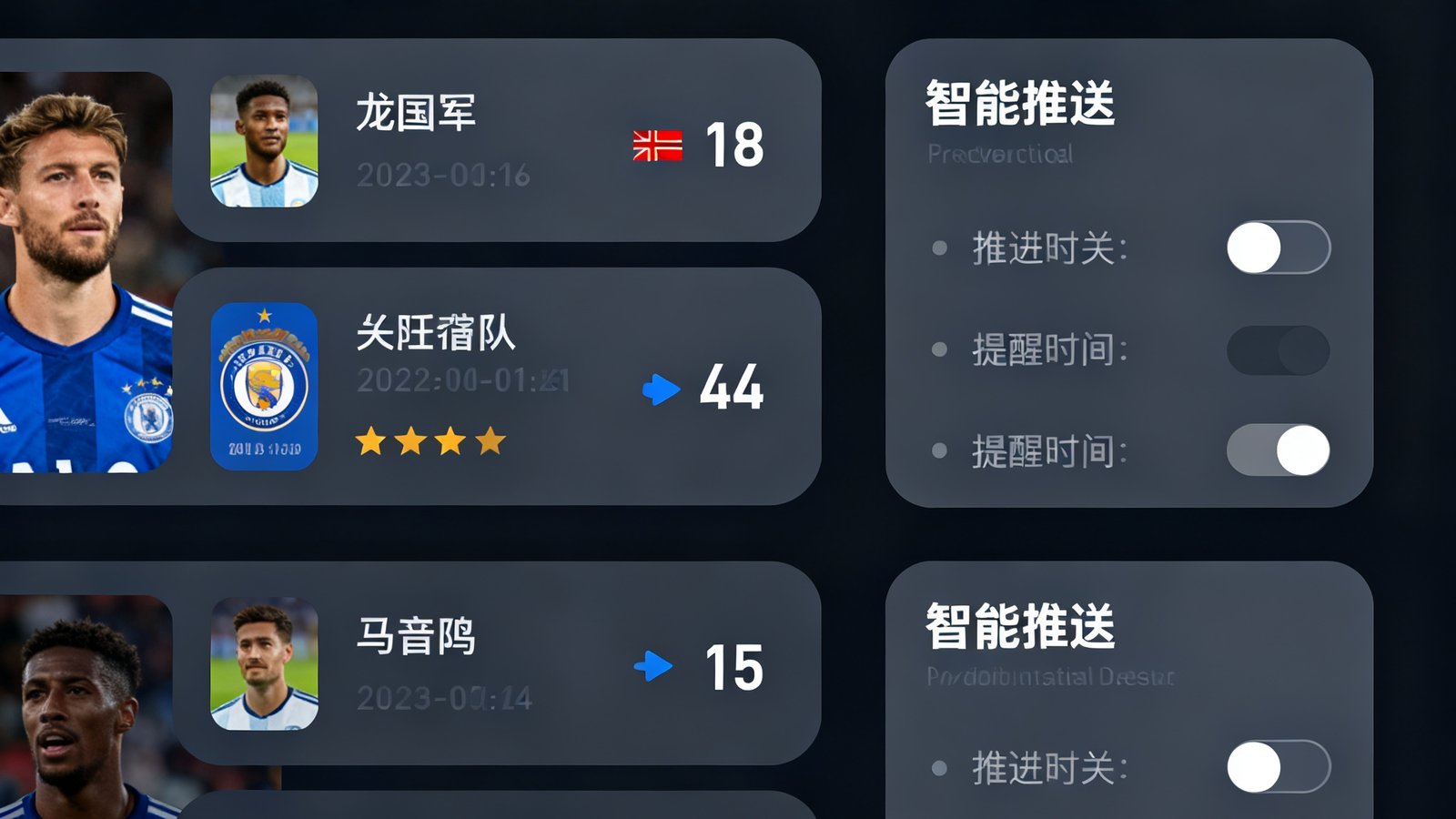 个人仪表盘界面，显示关注球队比赛卡片和智能推送设置，背景为深色主题
